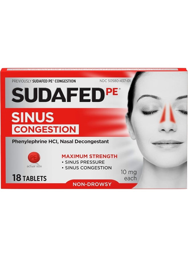 Sudafed Pe Sinus Congestion Maximum Strength Non-Drowsy Decongestant Tablets, 18 Ct - Image 1