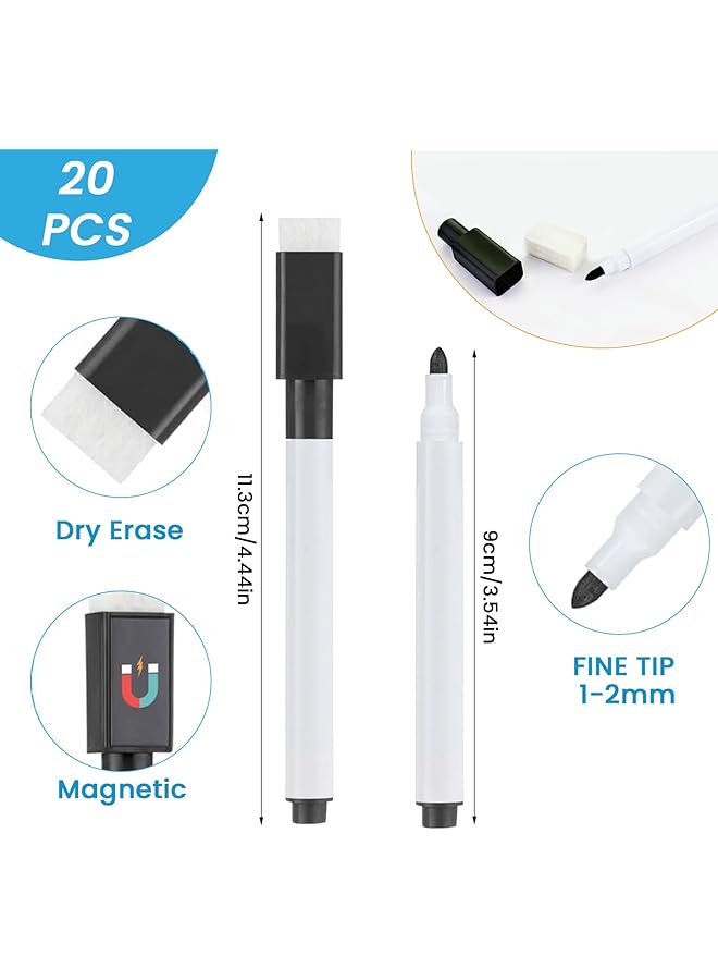 erorex 20Pcs Whiteboard Markers Magnetic Dry Erase Pens With Eraser Cap Fine Tip Whiteboard Pens Erasable Markers Great For Kids Adult Student School Home And Office Black  - Image 2