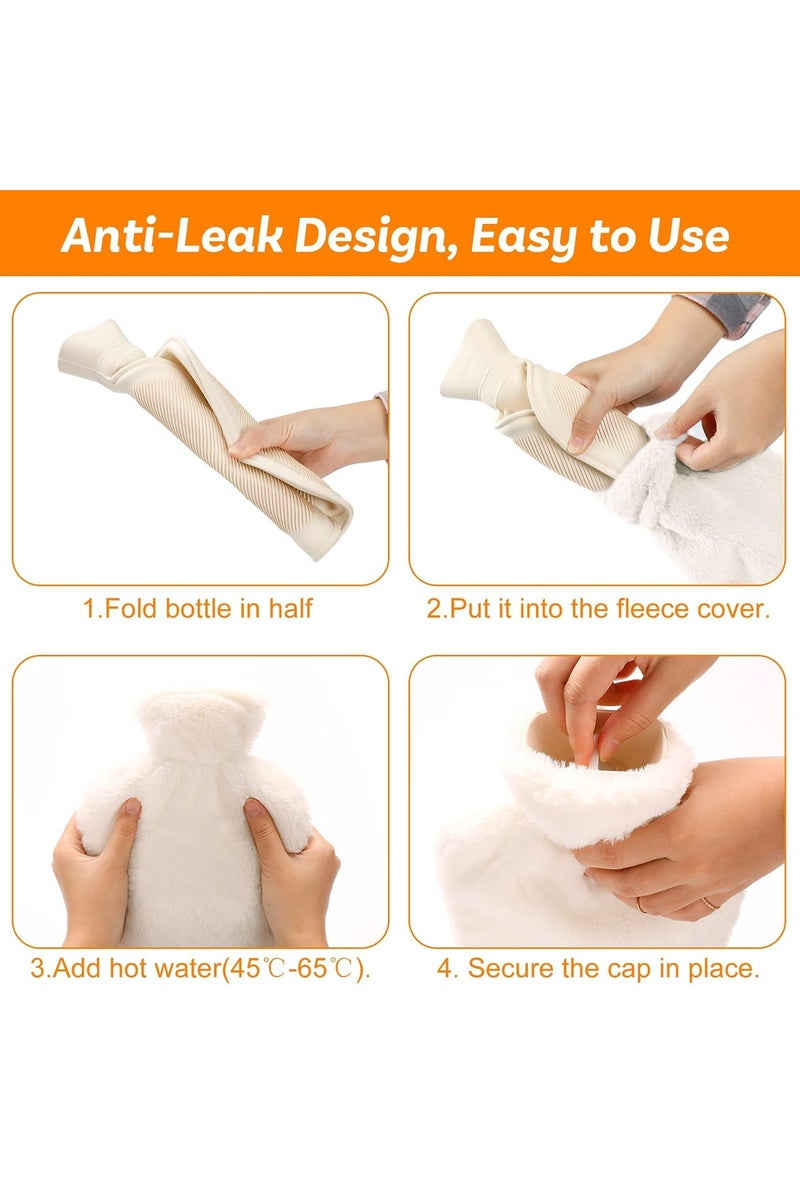 CMGTYYD Hot Water Bottle with Soft Fleece Cover, 2L Hot Water Bag for Cold & Hot Therapy, Pain Relief, Back, Neck, Period Cramps (White) - Image 3