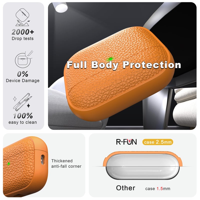 R-fun for AirPods Pro 3 Case 2025, Soft TPU (Leather-Like Design) Drop Protection Cover for Men and Women with Lanyard and Cleaner Kit, Compatible with Apple AirPods Pro 3rd Generation-Orange - Image 3