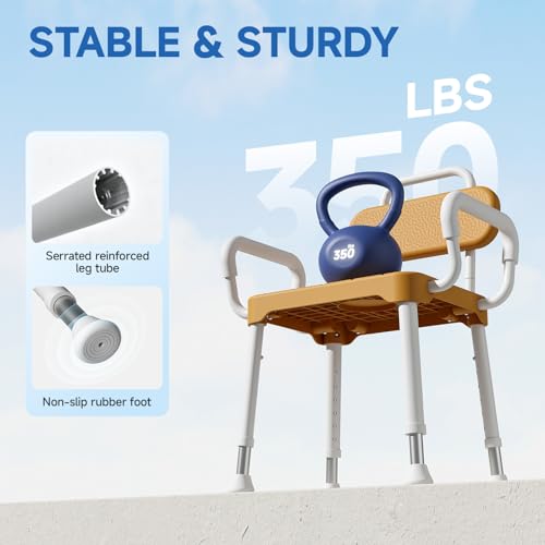 Loyoda Shower Chair for Inside Shower ，Bath Chair with Arms and Back,Aluminum Shower Stool for Tub,Slip Resistant Shower Bench,Height-Adjustable Shower Seat with Padded Handles for Seniors，Brown - Image 3