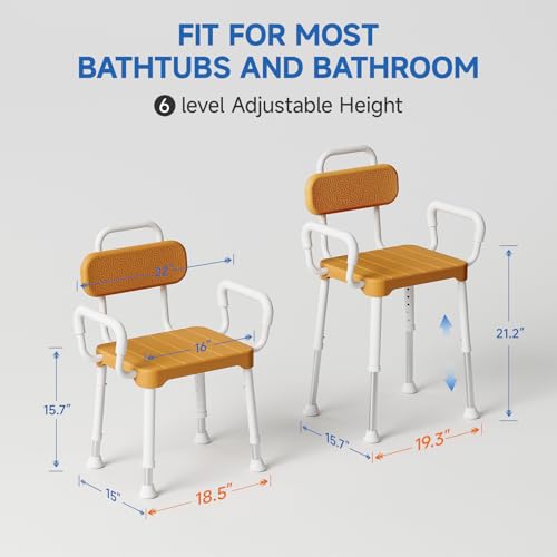 Loyoda Shower Chair for Inside Shower ，Bath Chair with Arms and Back,Aluminum Shower Stool for Tub,Slip Resistant Shower Bench,Height-Adjustable Shower Seat with Padded Handles for Seniors，Brown - Image 4