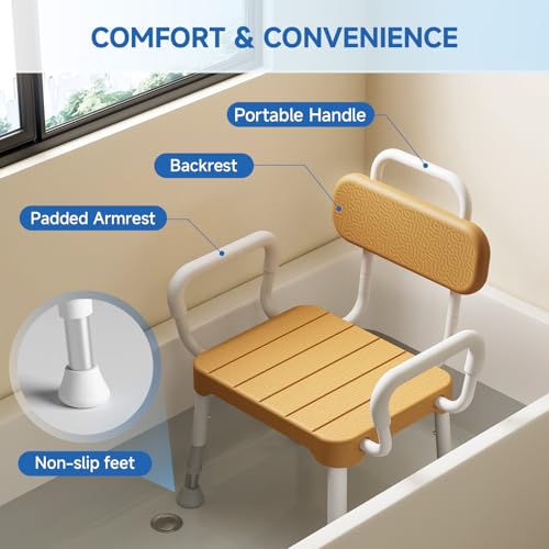 Loyoda Shower Chair for Inside Shower ，Bath Chair with Arms and Back,Aluminum Shower Stool for Tub,Slip Resistant Shower Bench,Height-Adjustable Shower Seat with Padded Handles for Seniors，Brown - Image 2