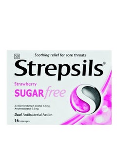Strawberry Sugar Free Soothing Relief for Sore Throats Dual Antibacterial Action 16 Lozenges