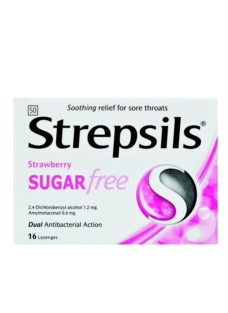 Strepsils - Strawberry Sugar Free Soothing Relief for Sore Throats Dual Antibacterial Action 16 Lozenges - Image 1