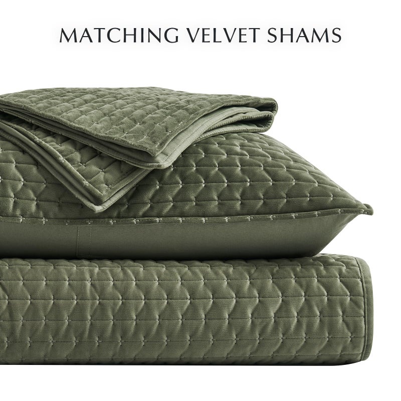 EverGrace Luxury Velvet Quilt Set King Size 3 Piece, Soft Cross-Stitch Velvet Comforter Set with Pillow Shams, Lightweight Coverlet Bedspread Bedding Set for All Seasons, Moss Green - Image 5