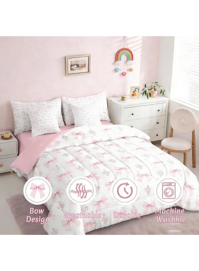 Erosebridal Bow Bedding Comforter Set Full Bed in a Bag for Girls Kids,Girly Pink Floral Coquette Bedding Sets Bow Ribbon Heart Shaped Quilt Dreamy Princess Style Bowknot Sheet Set with Comforter - Image 2