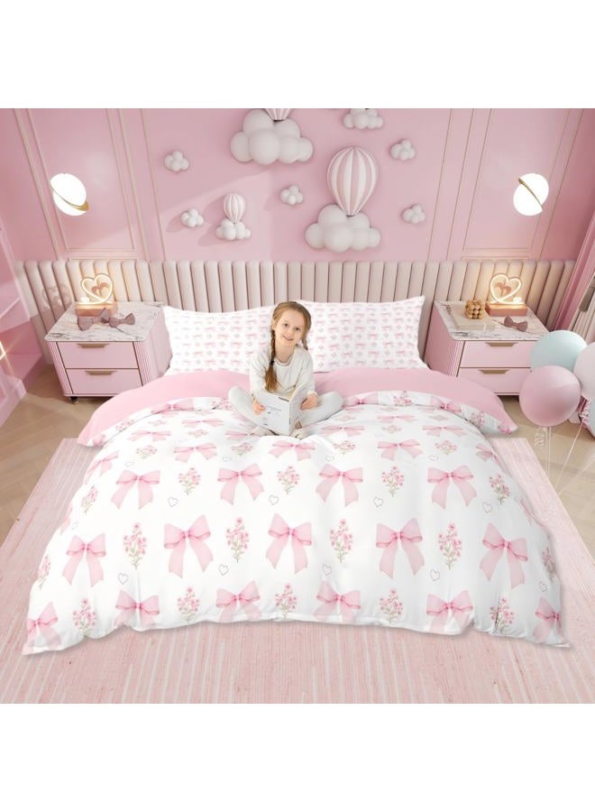 Erosebridal Bow Bedding Comforter Set Full Bed in a Bag for Girls Kids,Girly Pink Floral Coquette Bedding Sets Bow Ribbon Heart Shaped Quilt Dreamy Princess Style Bowknot Sheet Set with Comforter - Image 3