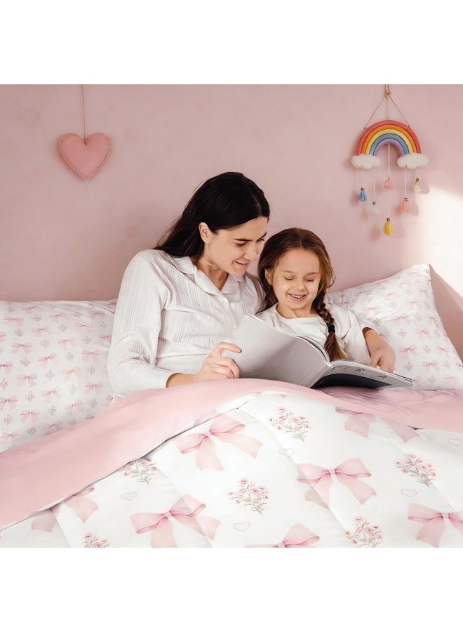 Erosebridal Bow Bedding Comforter Set Full Bed in a Bag for Girls Kids,Girly Pink Floral Coquette Bedding Sets Bow Ribbon Heart Shaped Quilt Dreamy Princess Style Bowknot Sheet Set with Comforter - Image 4