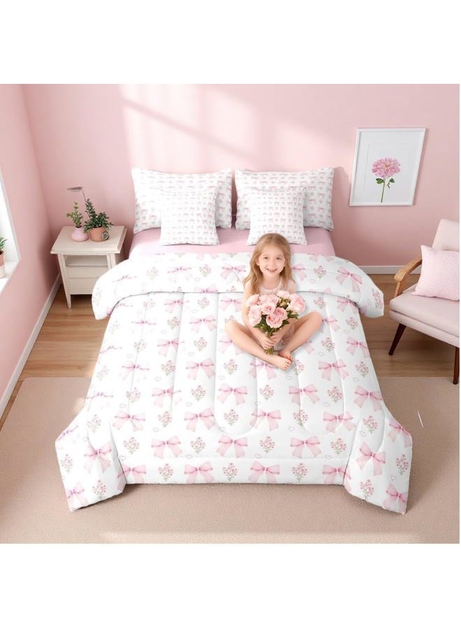 Erosebridal Bow Bedding Comforter Set Full Bed in a Bag for Girls Kids,Girly Pink Floral Coquette Bedding Sets Bow Ribbon Heart Shaped Quilt Dreamy Princess Style Bowknot Sheet Set with Comforter - Image 1