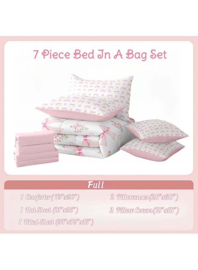 Erosebridal Bow Bedding Comforter Set Full Bed in a Bag for Girls Kids,Girly Pink Floral Coquette Bedding Sets Bow Ribbon Heart Shaped Quilt Dreamy Princess Style Bowknot Sheet Set with Comforter - Image 5