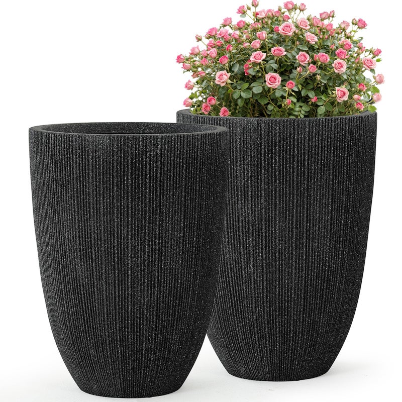Ultym 19" H Mediterranean Planter for Indoor/Outdoor Plants, Set of 2 Large Flower Pot with Drainage Hole, Weather/UV Resistant Resin Planters for Garden Patio Porch Home Office Decor, Black Fluted - Image 1