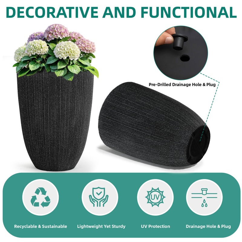 Ultym 19" H Mediterranean Planter for Indoor/Outdoor Plants, Set of 2 Large Flower Pot with Drainage Hole, Weather/UV Resistant Resin Planters for Garden Patio Porch Home Office Decor, Black Fluted - Image 3