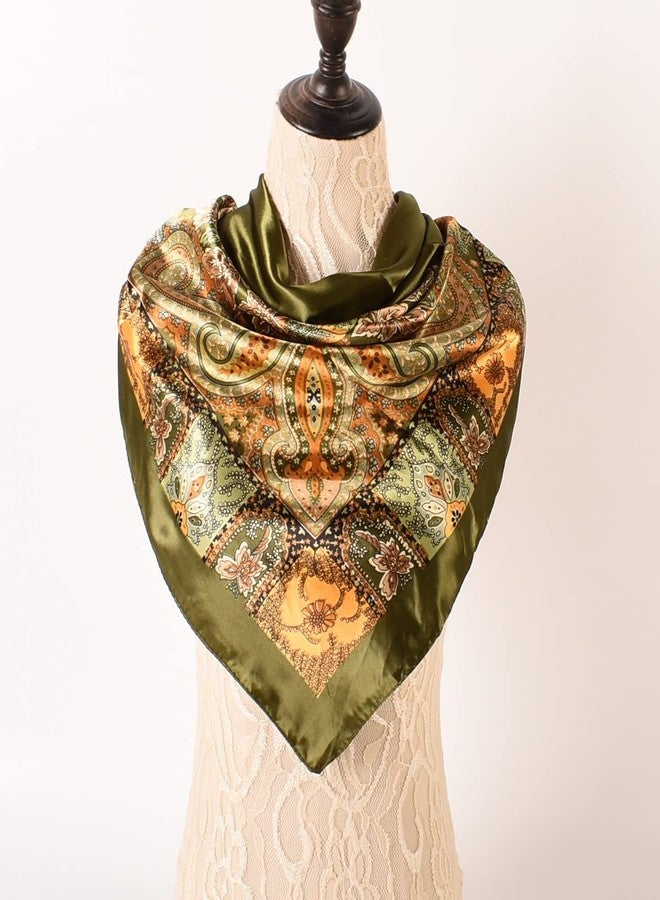 EIysee 35 x 35 Women's Fashion Pattern Large Square Silk Like Hair Scarf Head Sleeping Wrap Satin Neck Bandana for Gift, Big Cashew Army Green, 35 x 35 in - Image 3