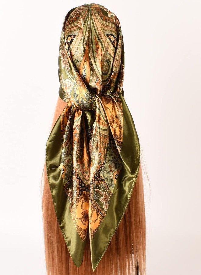 EIysee 35 x 35 Women's Fashion Pattern Large Square Silk Like Hair Scarf Head Sleeping Wrap Satin Neck Bandana for Gift, Big Cashew Army Green, 35 x 35 in - Image 2