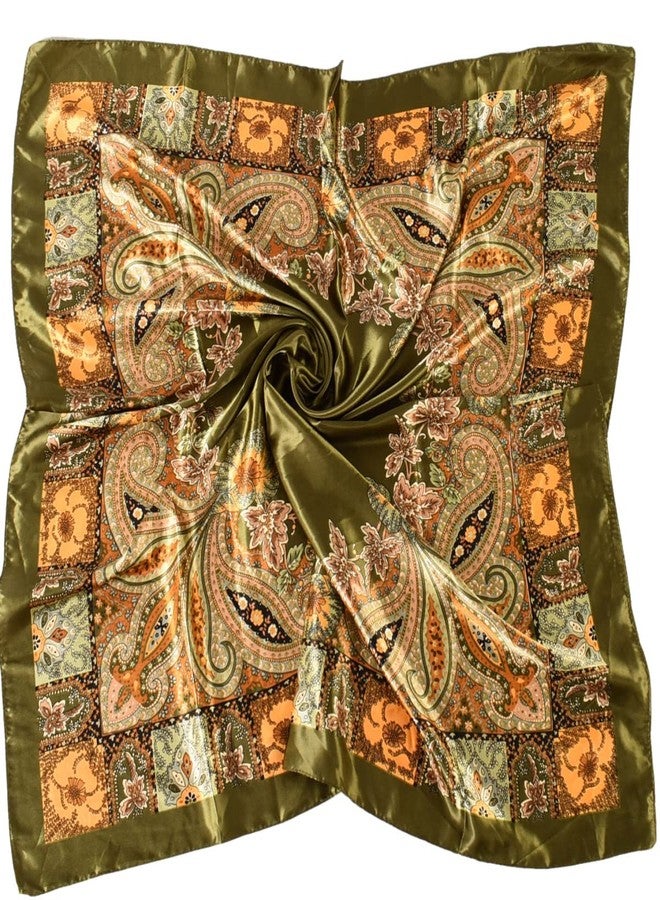 EIysee 35 x 35 Women's Fashion Pattern Large Square Silk Like Hair Scarf Head Sleeping Wrap Satin Neck Bandana for Gift, Big Cashew Army Green, 35 x 35 in - Image 1