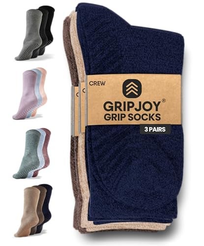 Gripjoy Grip Socks for Women, Grippy, Non Slip, Gripper Socks for Women & Men, Pilates, Yoga, Hospital, Non Skid, 3 Pairs, Crew, Mix Beige - Image 1
