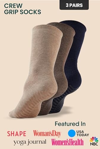 Gripjoy Grip Socks for Women, Grippy, Non Slip, Gripper Socks for Women & Men, Pilates, Yoga, Hospital, Non Skid, 3 Pairs, Crew, Mix Beige - Image 2