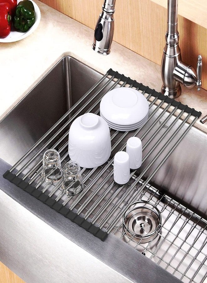 INVOSS Unique Dish Drying Rack 45.7 x 33 x 1.5 cm - Foldable Drain Rack Kitchen Sink Shelf Stainless Steel Multifunction Roll Up Dish Drying Rack Folding Wash Drainer Tray (Black) - Image 1