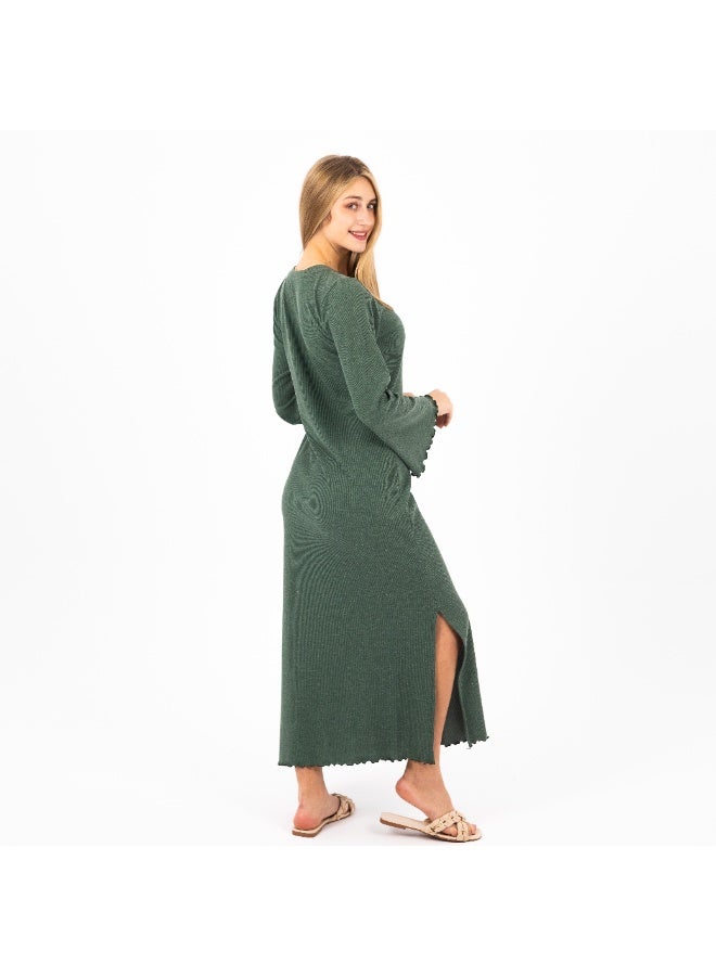 زيكوتكس  جلابية نسائية قطن ريب (Ribbed) مضلع طويلة - أكمام واسعة بتصميم مودرن - لون زيتي ملكي. - Image 3