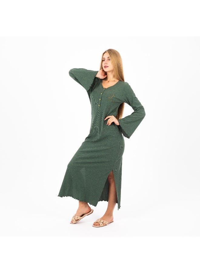 زيكوتكس  جلابية نسائية قطن ريب (Ribbed) مضلع طويلة - أكمام واسعة بتصميم مودرن - لون زيتي ملكي. - Image 2