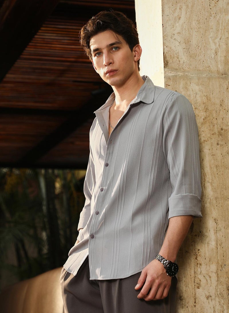Campus Sutra Campus Sutra Men's Coin Grey Unbalanced-Sugarcane Textured Shirt | Spread Collar , Long  Cuffed Sleeves , Button Closure | Solid Sugarcane | Polyester Blend Shirt For Casual Wear - Image 3