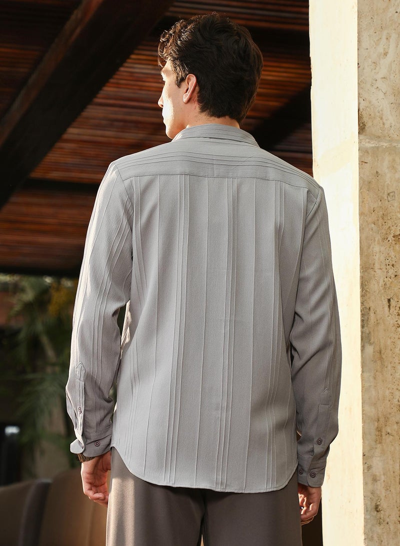 Campus Sutra Campus Sutra Men's Coin Grey Unbalanced-Sugarcane Textured Shirt | Spread Collar , Long  Cuffed Sleeves , Button Closure | Solid Sugarcane | Polyester Blend Shirt For Casual Wear - Image 5
