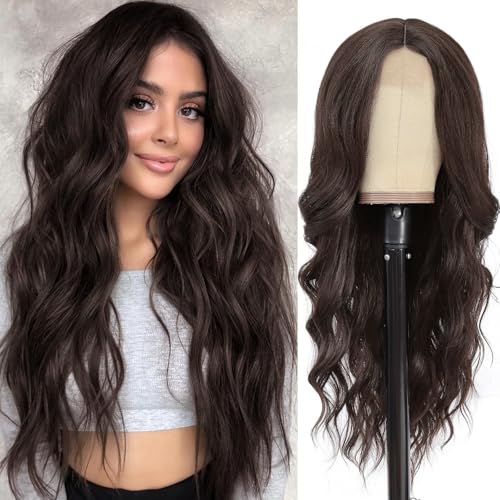 NAYOO Long Wavy Wigs for Women Dark Brown Middle Part Wig Synthetic Heat Resistant Fiber Women Wigs for Daily Party Use 26 Inch (Dark Brown) - Image 1