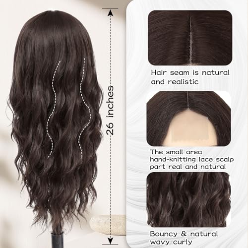 NAYOO Long Wavy Wigs for Women Dark Brown Middle Part Wig Synthetic Heat Resistant Fiber Women Wigs for Daily Party Use 26 Inch (Dark Brown) - Image 4