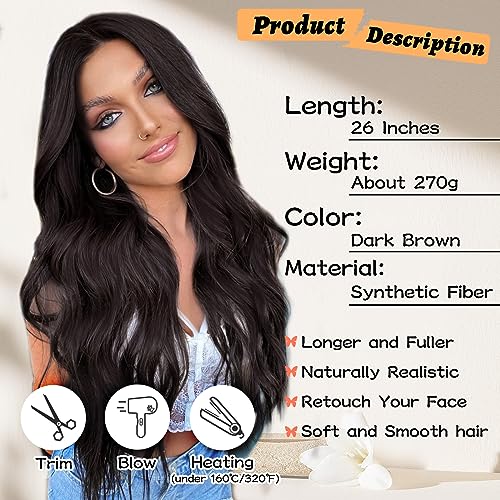 NAYOO Long Wavy Wigs for Women Dark Brown Middle Part Wig Synthetic Heat Resistant Fiber Women Wigs for Daily Party Use 26 Inch (Dark Brown) - Image 3