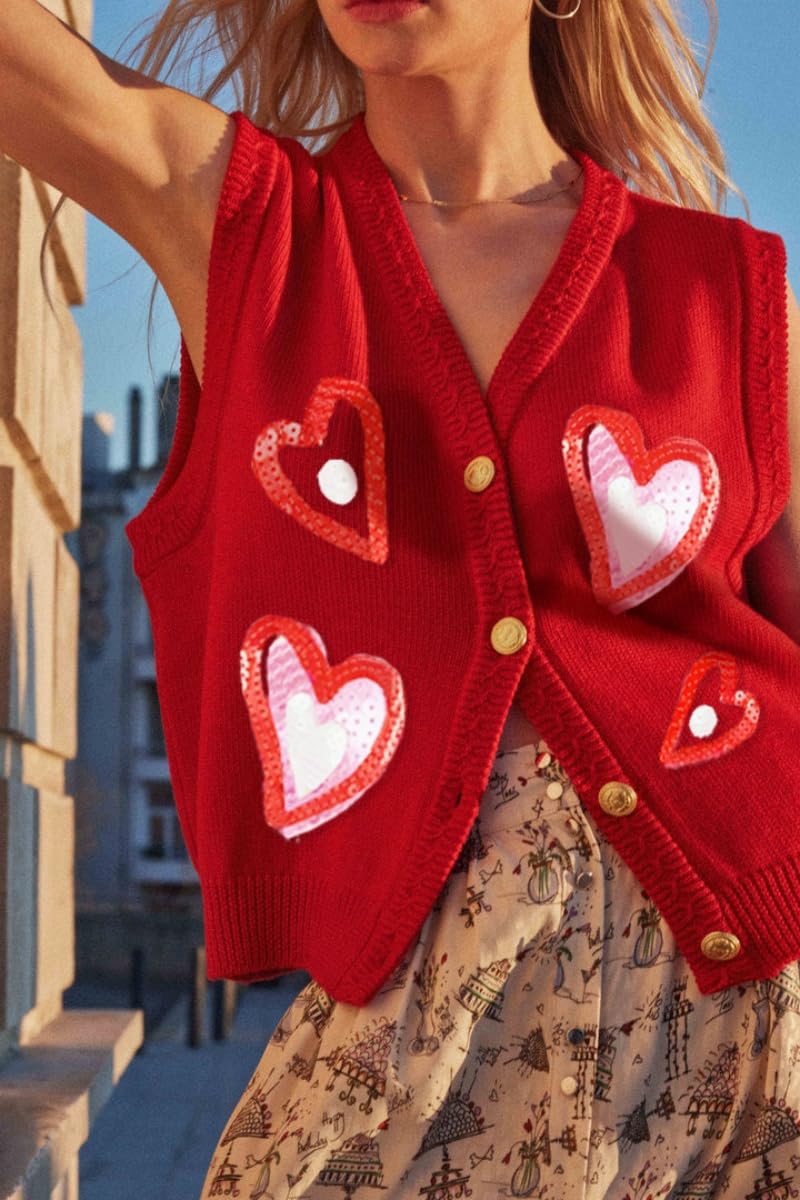 Argeousgor Women Valentine's Day Sweater Vests Heart Print Sleeveless Knit Cardigan Vest Valentine Holiday Tank Top - Image 3
