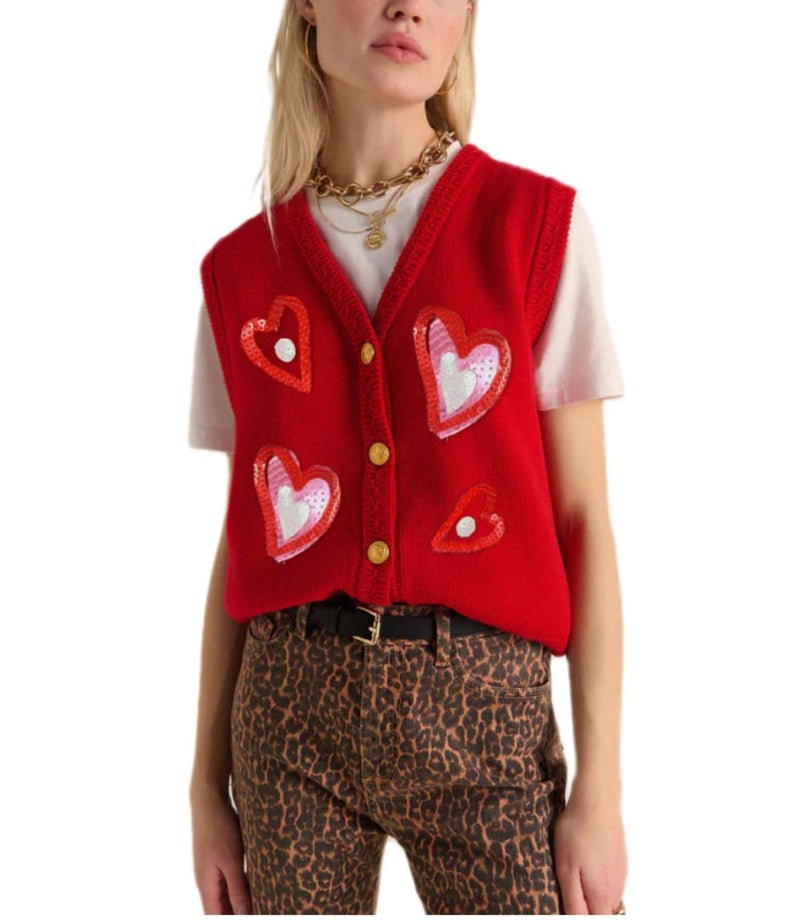 Argeousgor Women Valentine's Day Sweater Vests Heart Print Sleeveless Knit Cardigan Vest Valentine Holiday Tank Top - Image 1