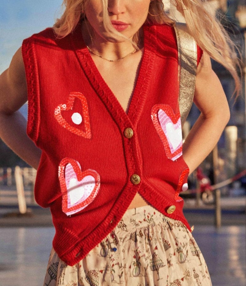 Argeousgor Women Valentine's Day Sweater Vests Heart Print Sleeveless Knit Cardigan Vest Valentine Holiday Tank Top - Image 2
