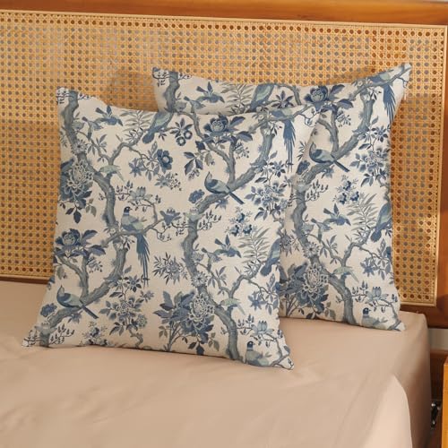 GOLIANDA Chinoiserie Floral Birds Pillow Covers 18x18 Set of 2 Blue and Cream Spring Flower Decoratiove Pillowcase Vintage Outdoor Decor Throw Pillows for Couch Farmhouse Cushion Case for Home Sofa - Image 3