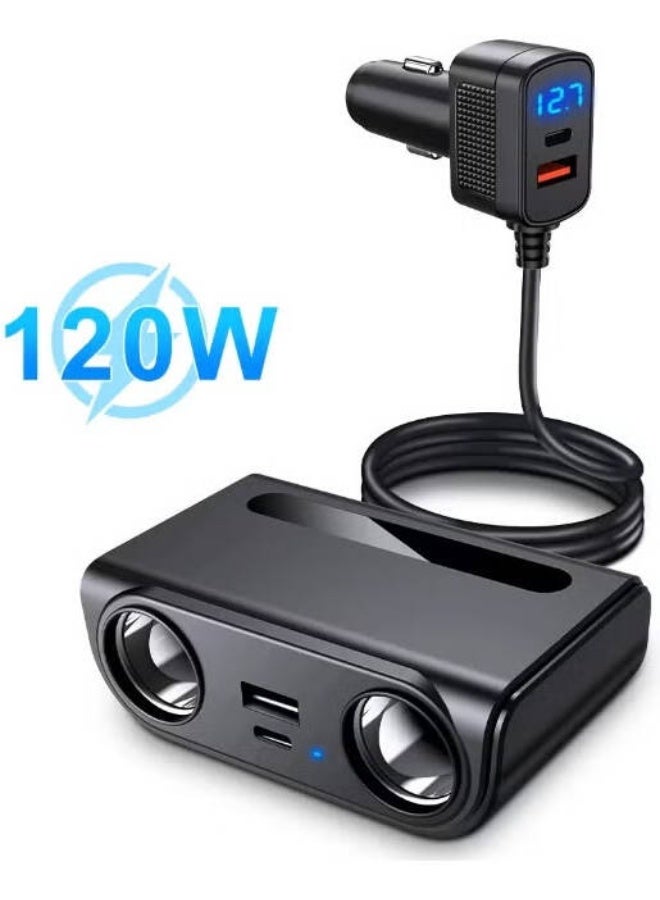 Smartbarry C802 6-in-1 Car Charger Adapter 120W Dual Socket Splitter with USB Fast Charging Ports, Real-Time LED Voltage Display, Multi-Protection System, Universal Car Power Adapter Black - Image 1