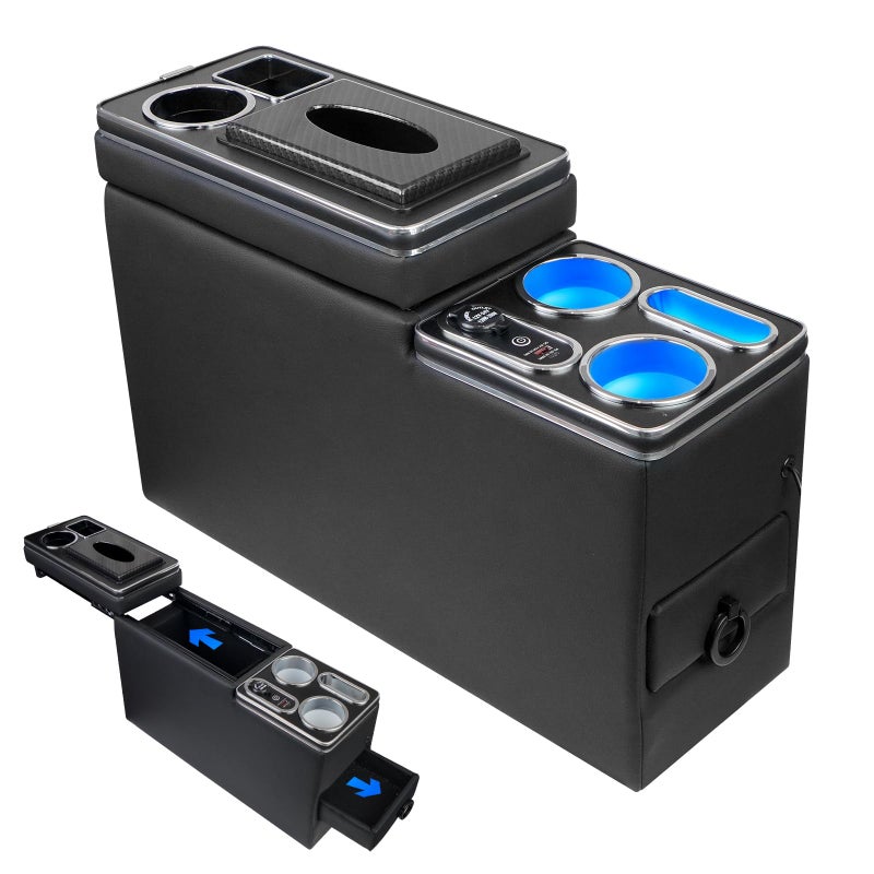 Donpida Center Console Between Seat Organizer for Minivans SUVs Tissue Box TypeC USB Fast Charge 7Color Ambient Light Cup Holders Middle Van Floor Console Storage Box Black - Image 3