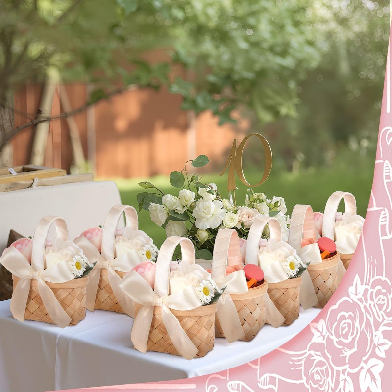 Geelin 12 Pcs Mini Flower Girl Basket Mini Woven Baskets with Handles Wood Chip Flower Fruit Picnic Holder with Pink Ribbon Chip Bucket for Wedding Party Gifts Baby Shower Birthday Party Decoration - Image 4