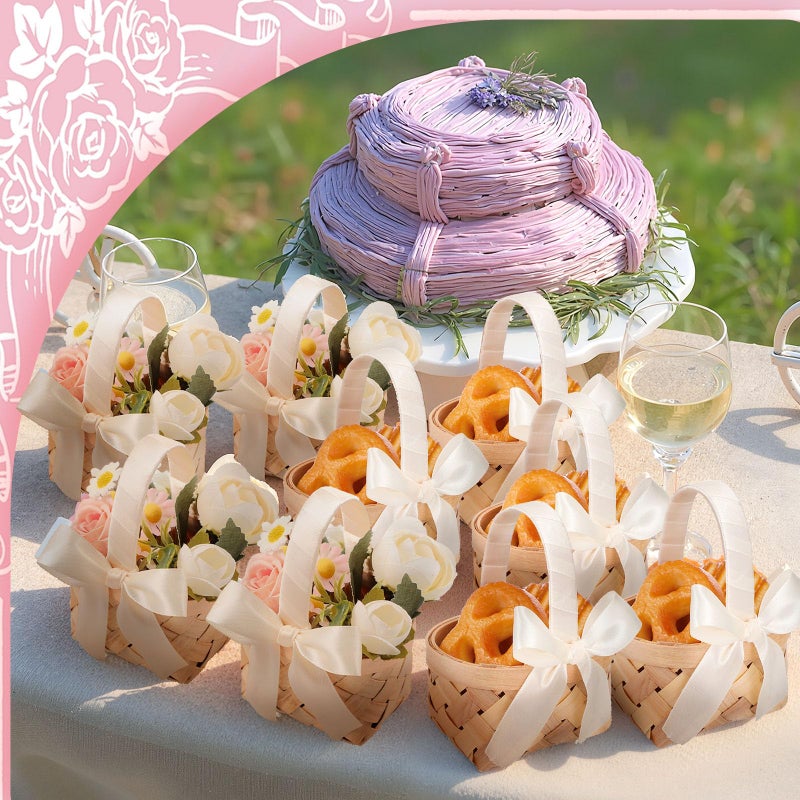 Geelin 12 Pcs Mini Flower Girl Basket Mini Woven Baskets with Handles Wood Chip Flower Fruit Picnic Holder with Pink Ribbon Chip Bucket for Wedding Party Gifts Baby Shower Birthday Party Decoration - Image 5