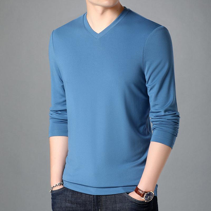 Modal Autumn Ice Silk T-shirt Men's Long-sleeved mercerized cotton Ice Silk V-neck Top Collarless Sweater Light Luxury Base Shirt Men's Clothing - Image 2