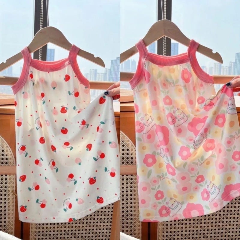Girls Nightgown Ice Silk Summer Princess Dress Kidsren Ice Silk Thin Pajamas Baby Girl Suspender Skirt Home Clothes - Image 2