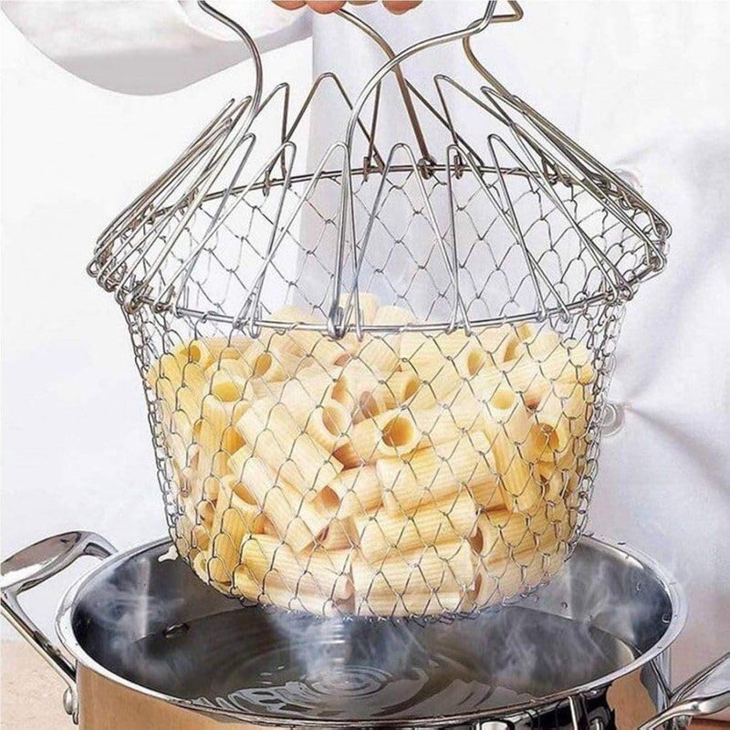 EXPORTTANZA Foldable Steam Rinse Deep Frying Basket Stainless Steel Fry French Basket Strainer Net Fried Filter Drainage Rack for Fried Food or Fruits Multifunctional Kitchen Cooking Tool - Image 1