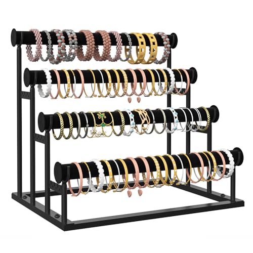 ORLESS 4 Tier Bracelet Holder, Detachable Velvet Jewelry Display Stand, T-Bar Necklace Storage Organizer Display Stand, Metal Bracelet Holder Display for Bangles Watch Bracelets Scrunchies(Black) - Image 1