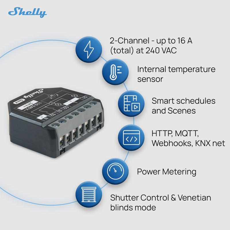 Shelly شيللي 2PM جين 4 | مفتاح ريلاي ذكي بقناتين مع قياس الطاقة | واي فاي، زيغبي وماتر | أتمتة المنزل | متوافق مع أليكسا، سمارت ثينغز، جوجل هوم، وآبل هوم كيت | التحكم في الستائر المتدحرجة - Image 2