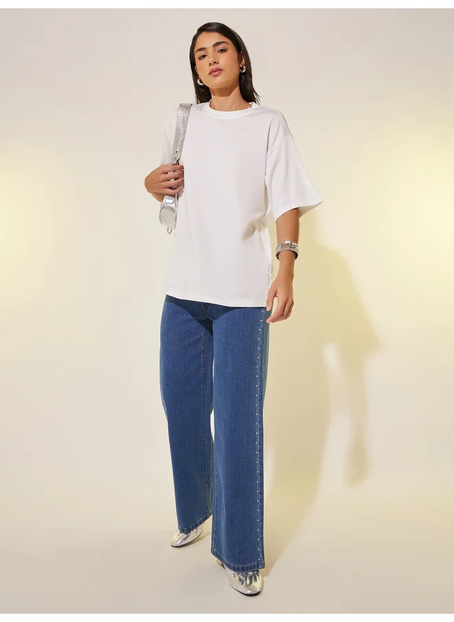 تايك تو Take Two Round Neck Slogan Print T-Shirt