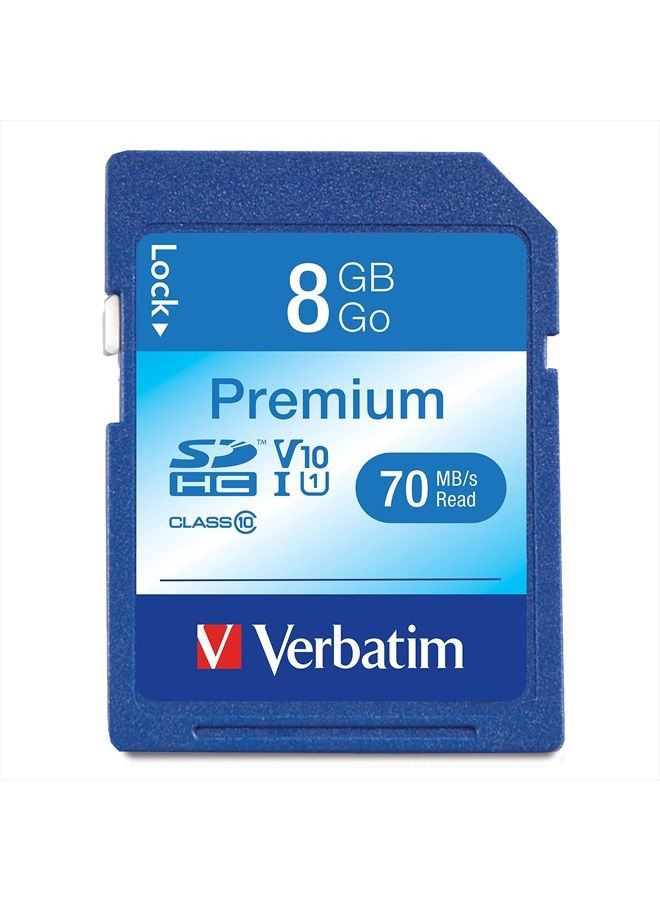VERBATIM 8GB Premium SDHC Memory Card, UHS-I V10 U1 Class 10, Blue (96318) - Image 1