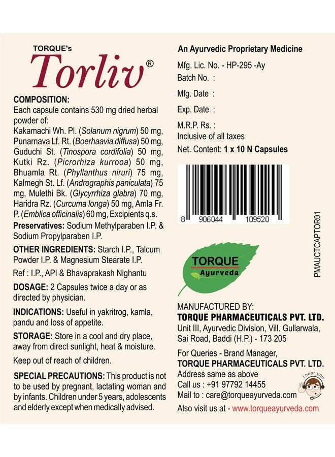 Torque Torliv Ayurvedic Liver Detox Capsules | Supplement For Fatty Liver |Helps To Manage Jaundice, Weak Liver Functions, Indigestion, Constipation 10 Capsules  - Image 3