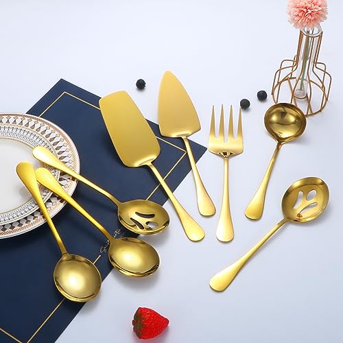 Lazycorner Gold Serving Utensils,8 Pcs Stainless Steel Serving Set with Serving Spoons,Serving Fork,Soup Ladle,Lasagna Server,Pie Server,Polished Serving Utensil Set for Buffet Parties Home,Dishwasher Safe - Image 5