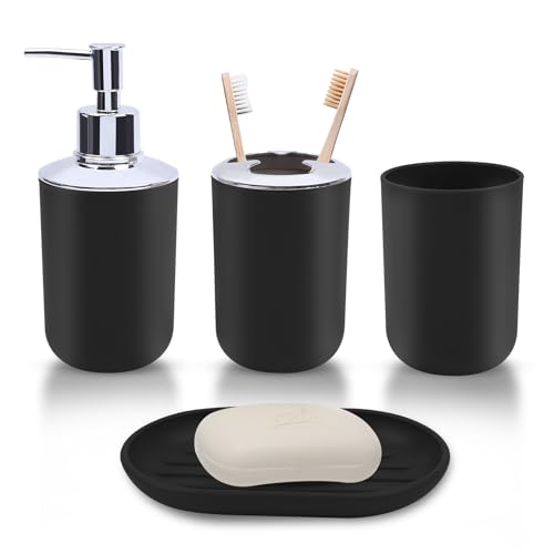 LGURT Matte Black Bathroom Accessories Set 4Piece Plastic Black Bathroom Organizer with Soap Dispenser Toothbrush Holder Rinse Cup Soap Dish Classic Black Bathroom Decor - Image 1