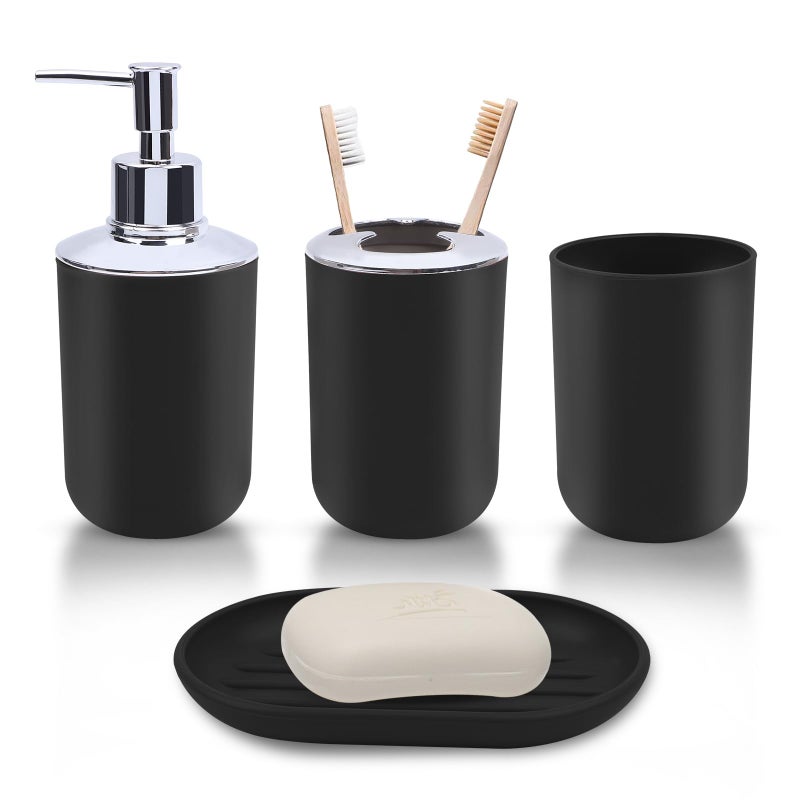 LGURT Matte Black Bathroom Accessories Set 4Piece Plastic Black Bathroom Organizer with Soap Dispenser Toothbrush Holder Rinse Cup Soap Dish Classic Black Bathroom Decor - Image 2