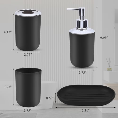 LGURT Matte Black Bathroom Accessories Set 4Piece Plastic Black Bathroom Organizer with Soap Dispenser Toothbrush Holder Rinse Cup Soap Dish Classic Black Bathroom Decor - Image 3
